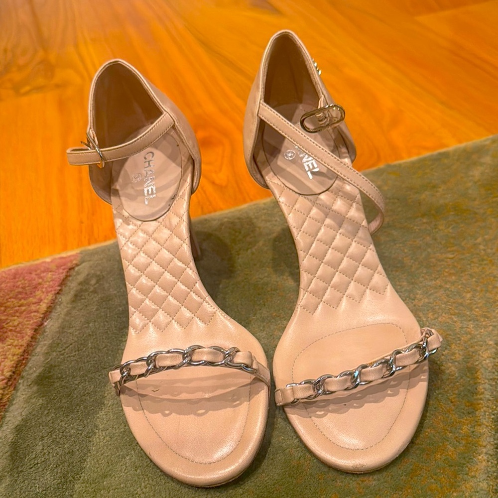 Chanel Tan Heels with Ankle Strap and Metallic Embellishments